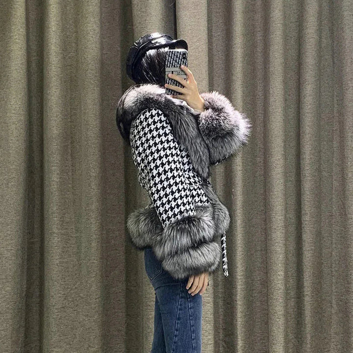 Faux-Fur Belted Houndstooth Jacket