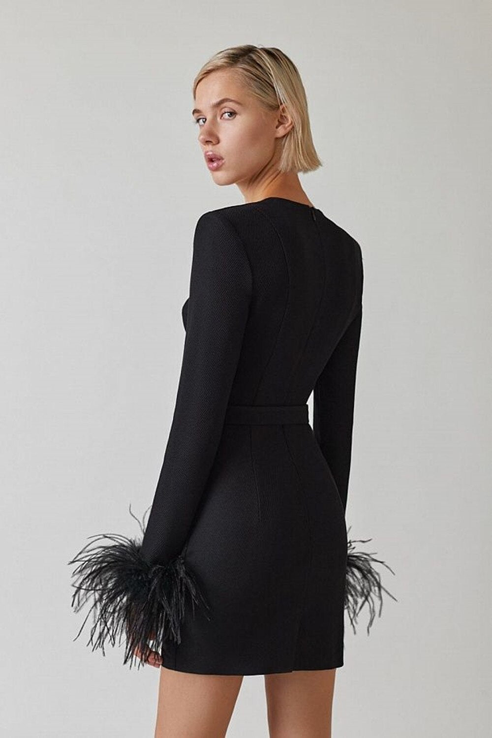 Black Sweetheart Long Sleeve Feather Trim Minidress