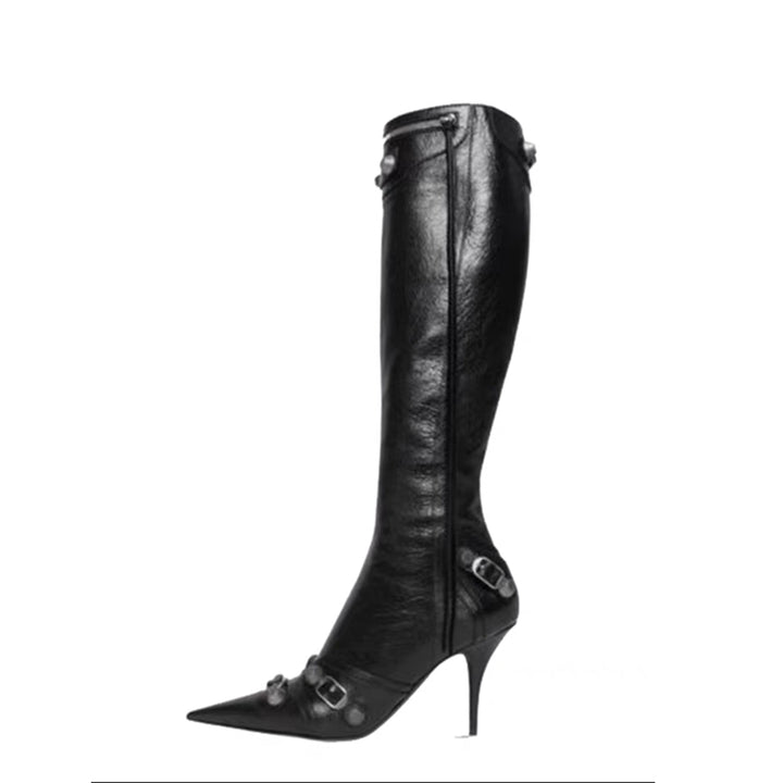 Black Knee High Pointed Toe Metal Embellished Boots