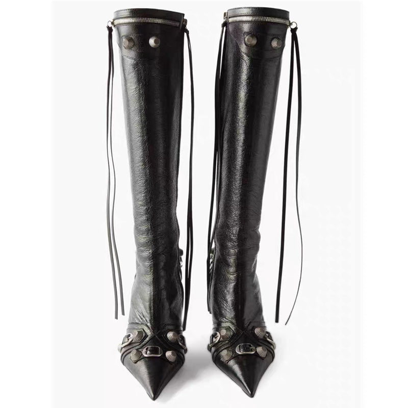 Black Knee High Pointed Toe Metal Embellished Boots