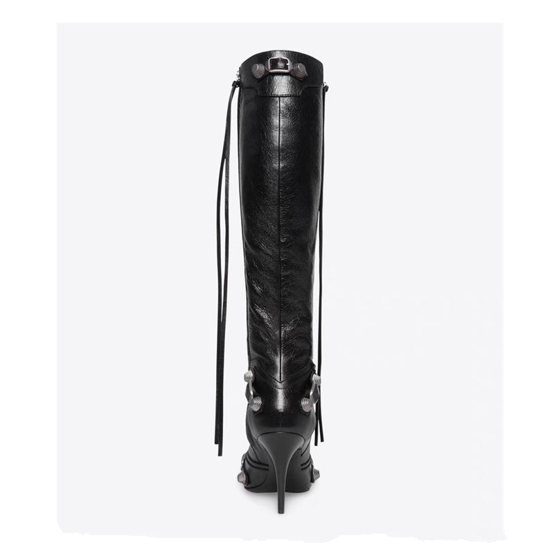 Black Knee High Pointed Toe Metal Embellished Boots