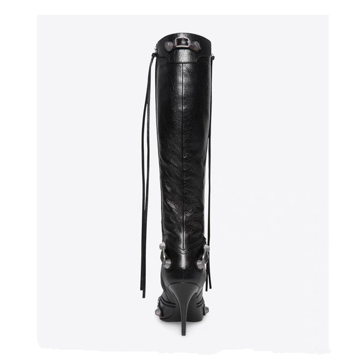 Black Knee High Pointed Toe Metal Embellished Boots