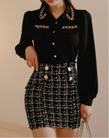 Vintage Style Black Chiffon Chain Blouse
