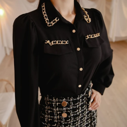 Vintage Style Black Chiffon Chain Blouse