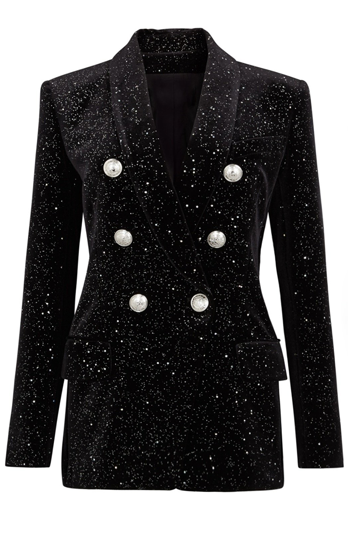 Black Velvet Sequin Silver Button Blazer