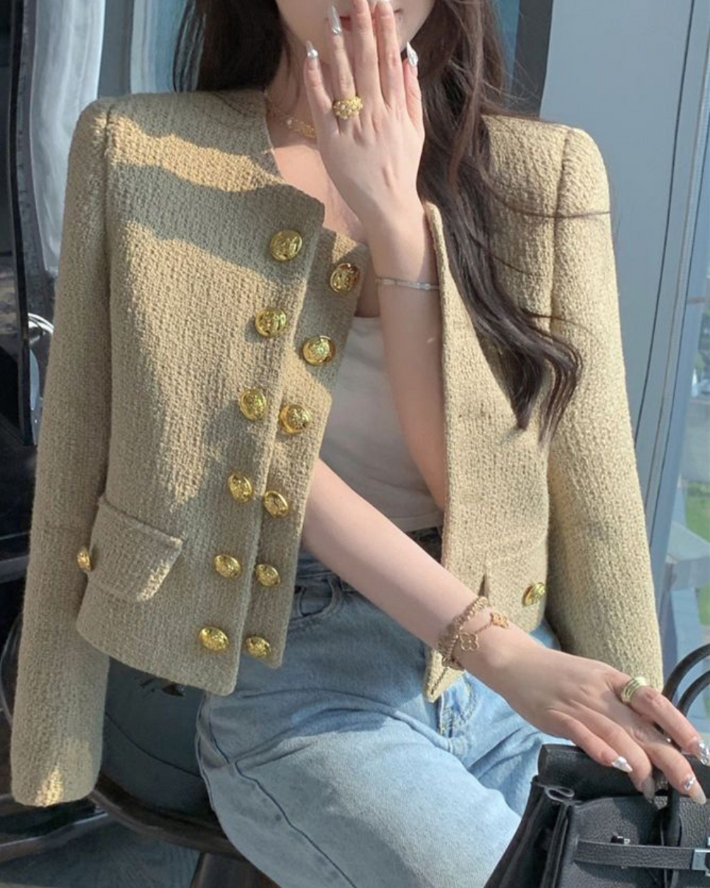 khaki tweed gold button blazer