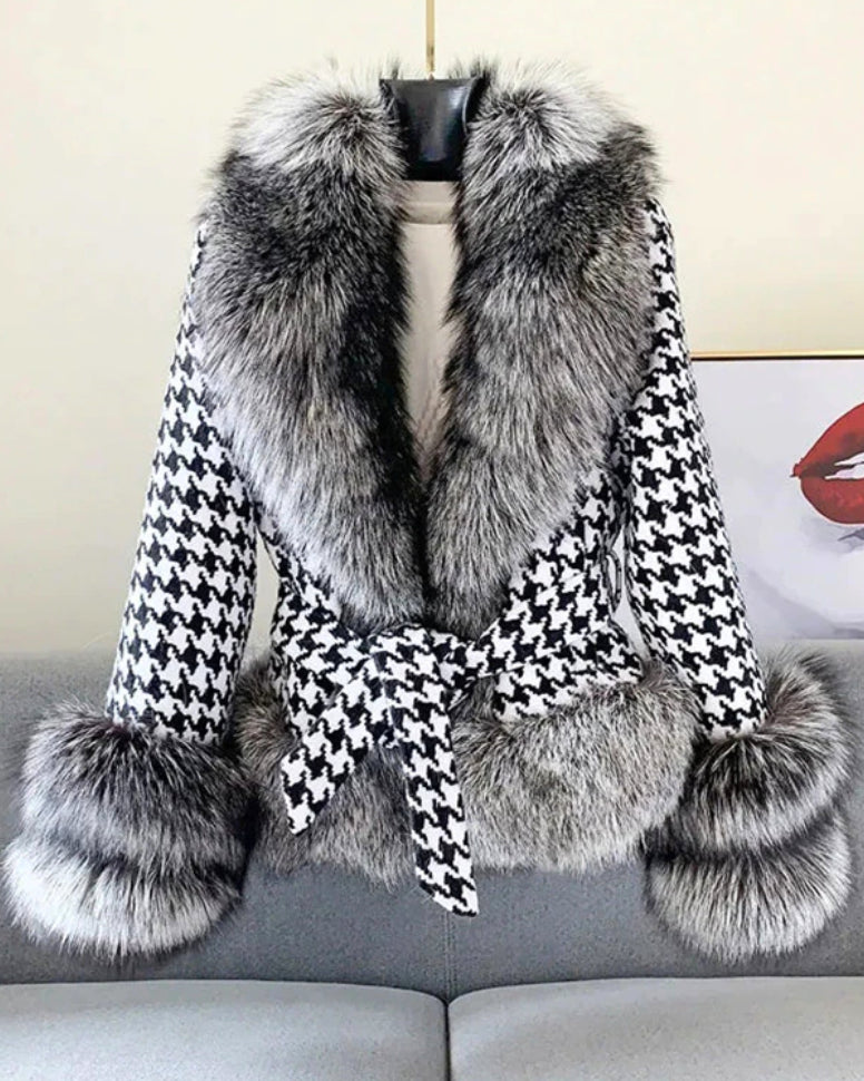 Faux-Fur Belted Houndstooth Jacket