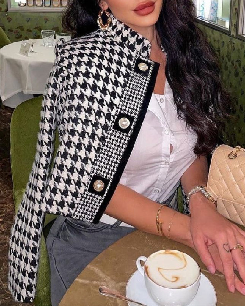 Houndstooth Tweed Cropped Jacket