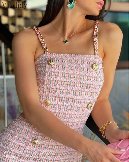 Tweed Pink Gold Button Dress