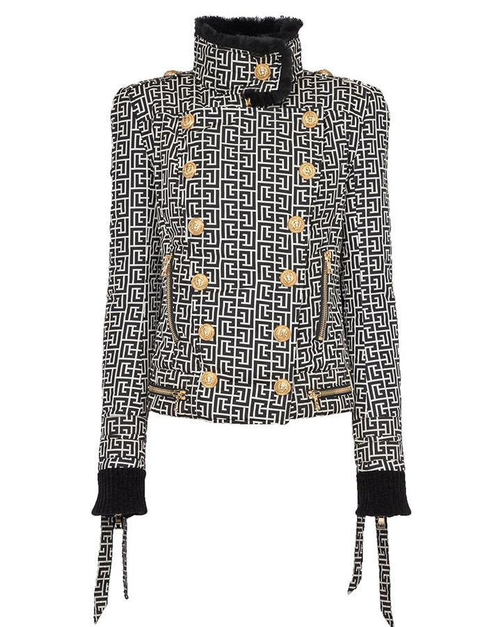 Jacquard Gold Button Puffer Jacket With Fur Collar