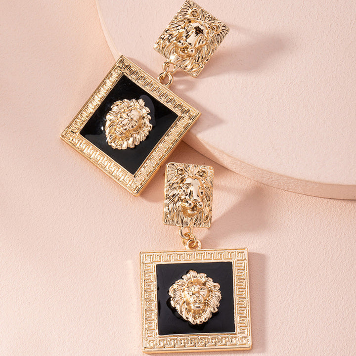 Gold Square Lioness Vintage Drop Earrings