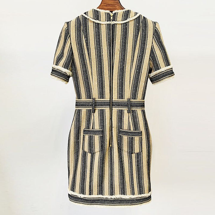 Tweed Short Sleeved Gold Button Striped Mini Dress