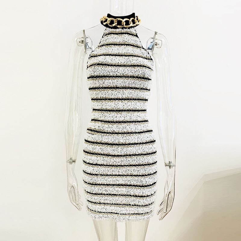 Gold Chain Sleeveless Knit Striped Dress