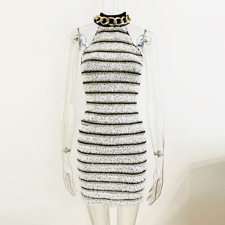 Gold Chain Sleeveless Knit Striped Dress
