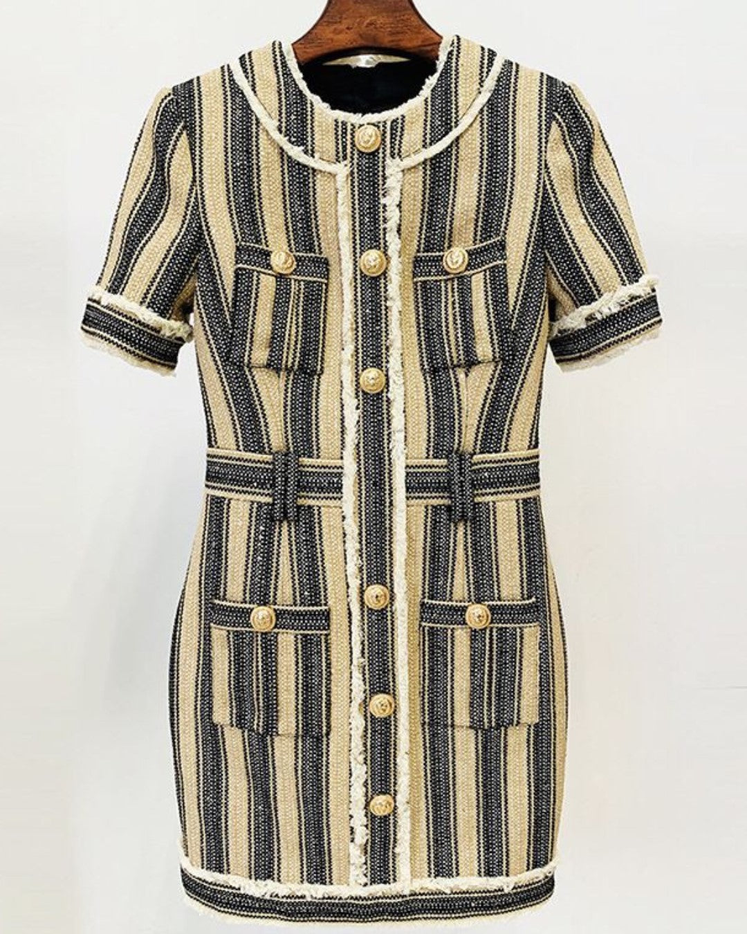 Tweed Short Sleeved Gold Button Striped Mini Dress
