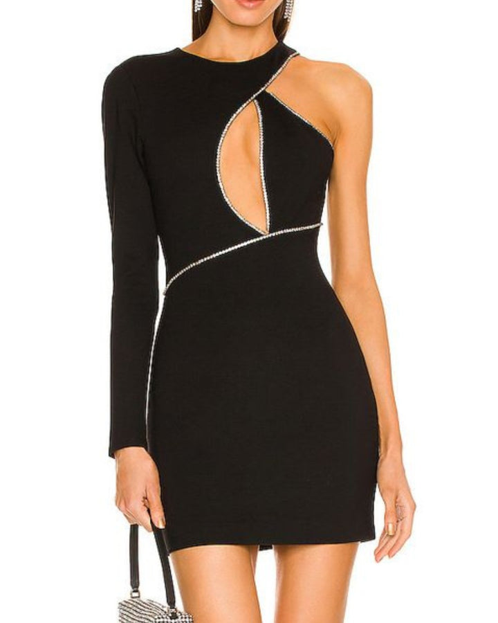 Black One Shoulder Crystal Embellished Mini Dress