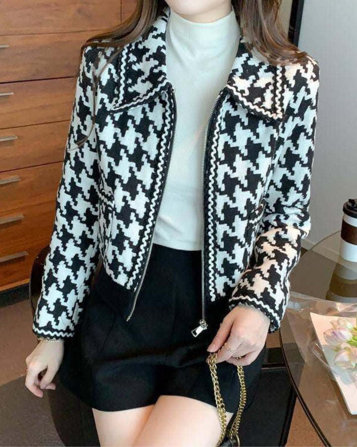 Black And White Houndstooth Tweed Jacket