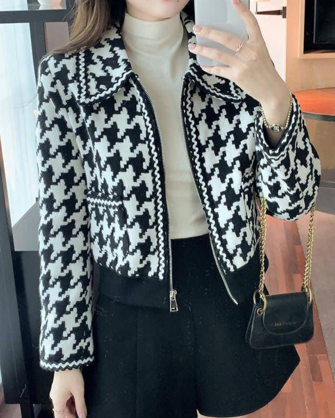 Black And White Houndstooth Tweed Jacket