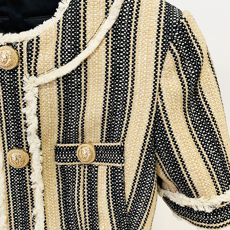 Tweed Short Sleeved Gold Button Striped Mini Dress