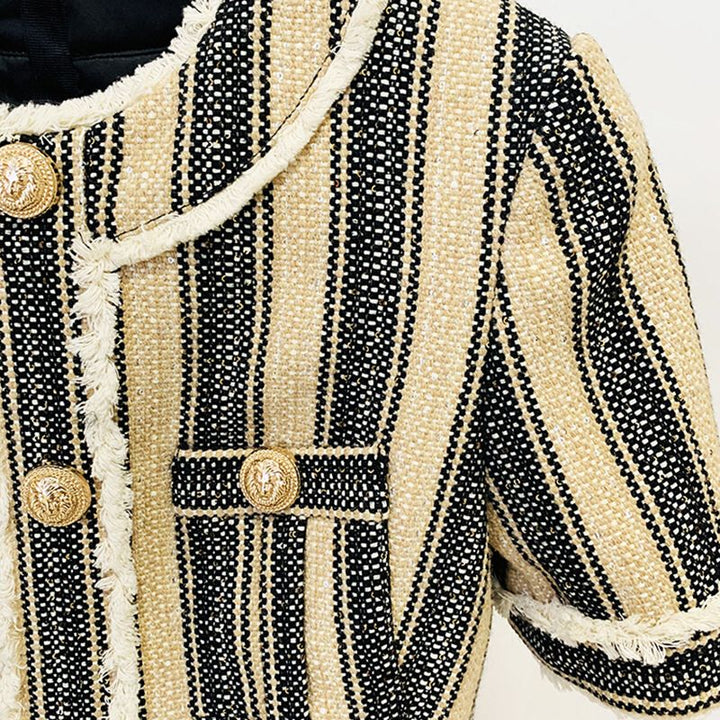 Tweed Short Sleeved Gold Button Striped Mini Dress