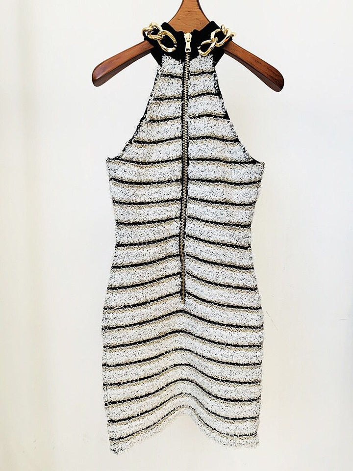 Gold Chain Sleeveless Knit Striped Dress