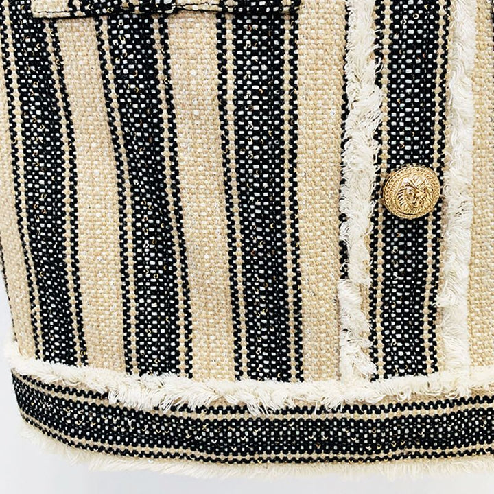 Tweed Short Sleeved Gold Button Striped Mini Dress