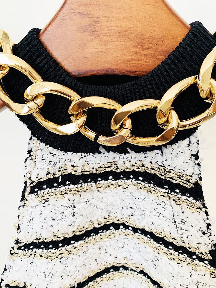 Gold Chain Sleeveless Knit Striped Dress