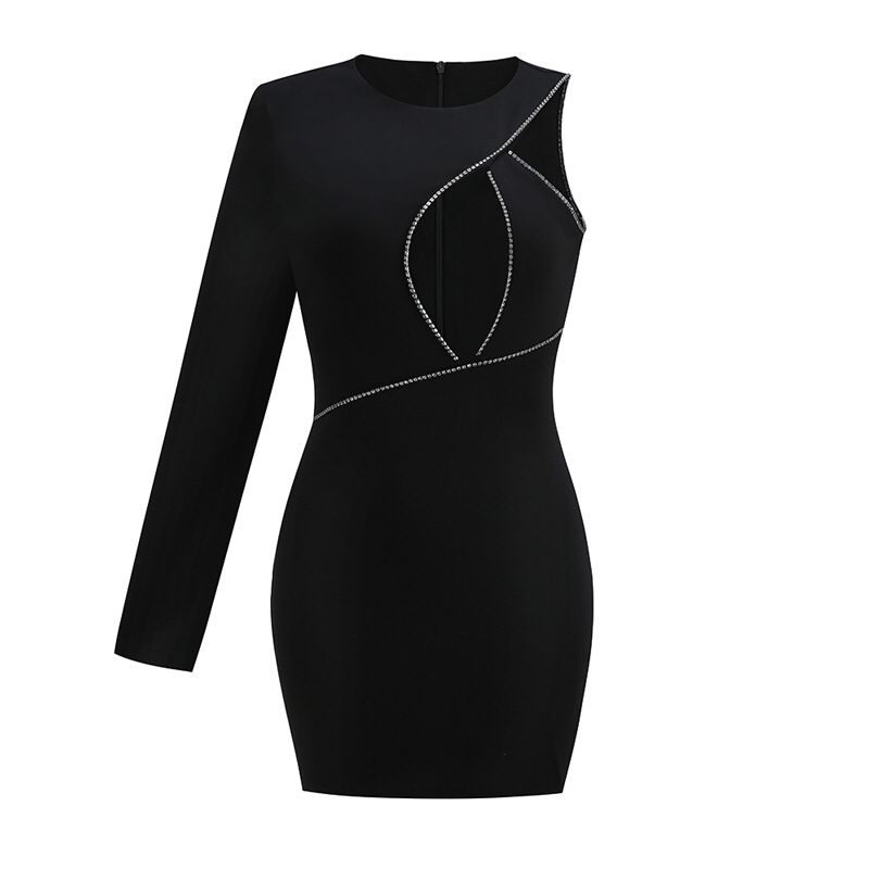 Black One Shoulder Crystal Embellished Mini Dress