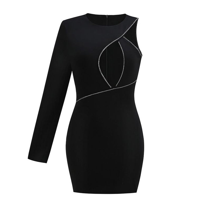 Black One Shoulder Crystal Embellished Mini Dress