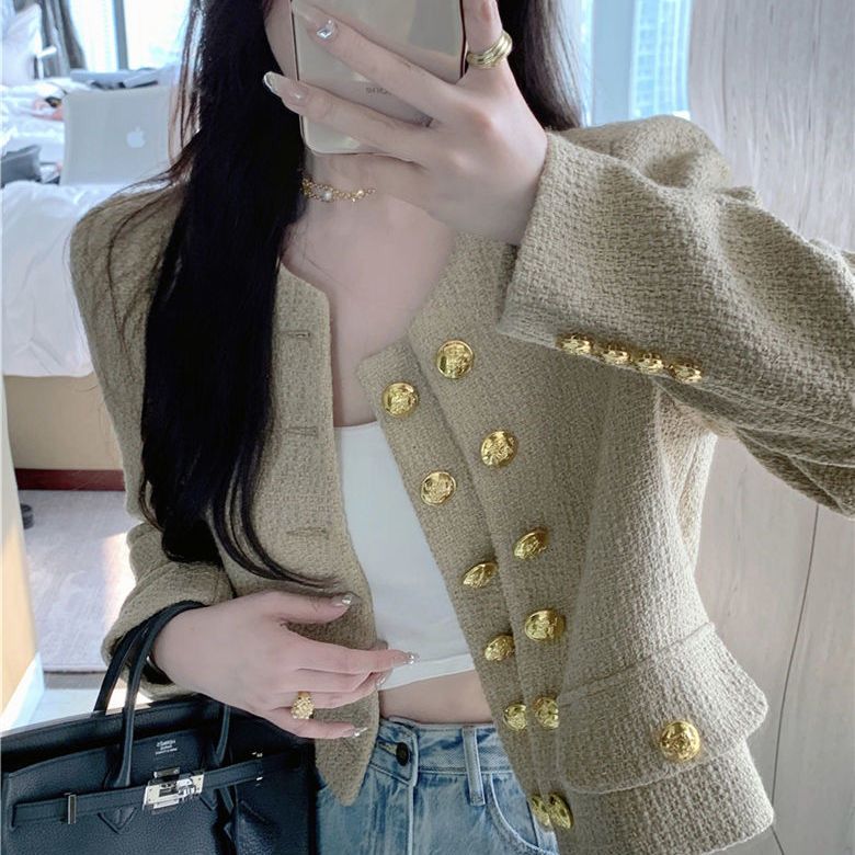 Khaki Tweed Gold Button Couture Jacket