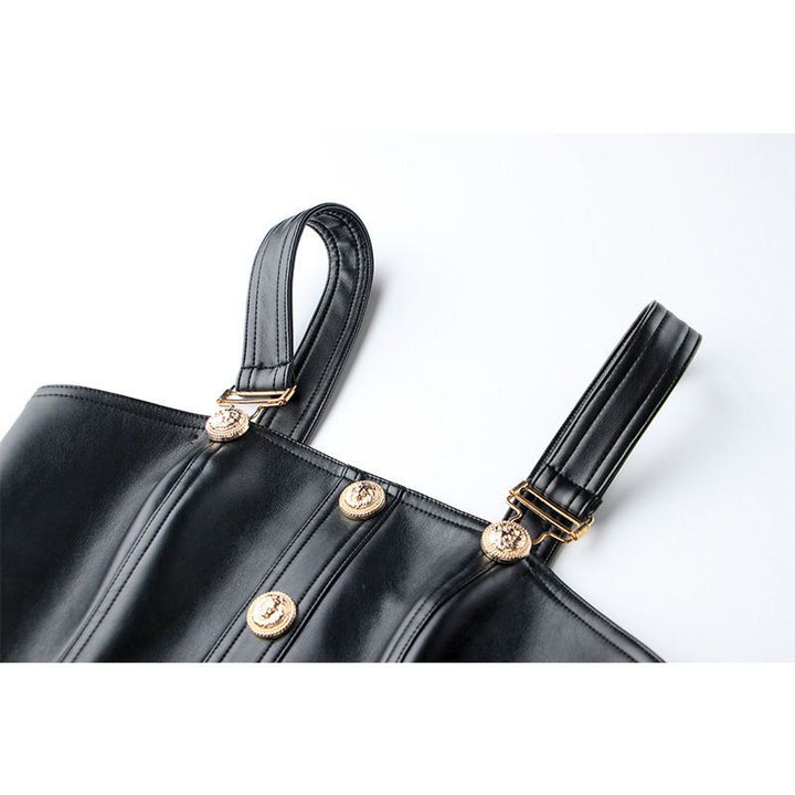 Black Leather Gold Button Jumper Dress