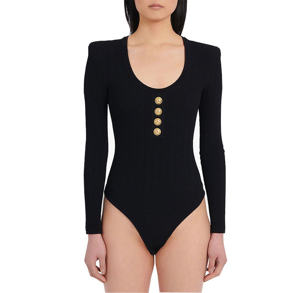 black knit gold button bodysuit