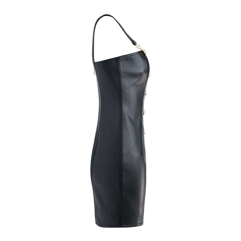 Black Leather Gold Button Jumper Dress