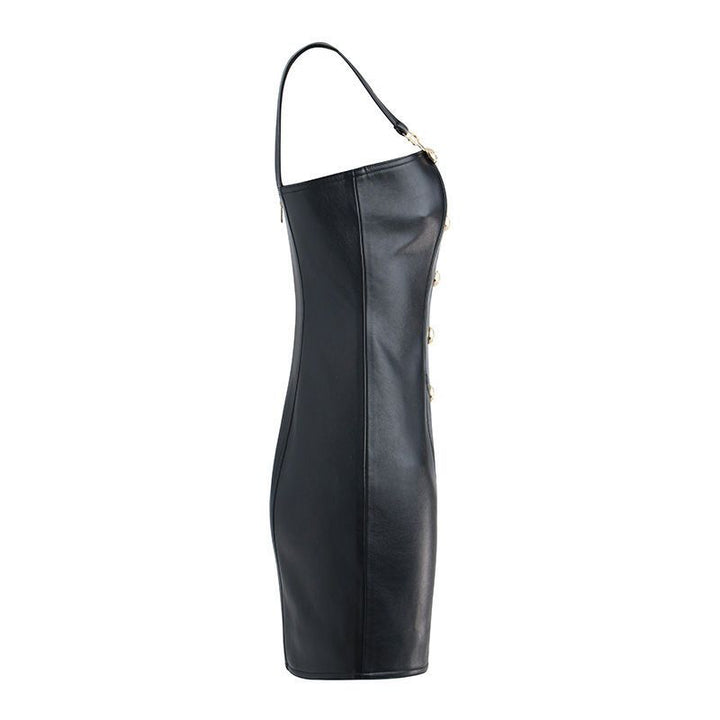Black Leather Gold Button Jumper Dress