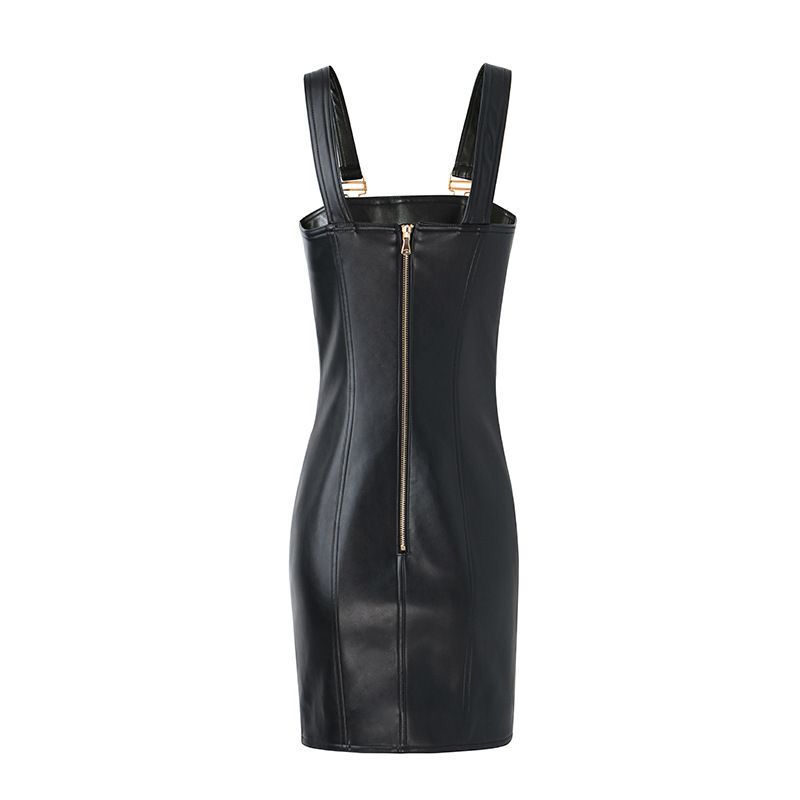 Black Leather Gold Button Jumper Dress
