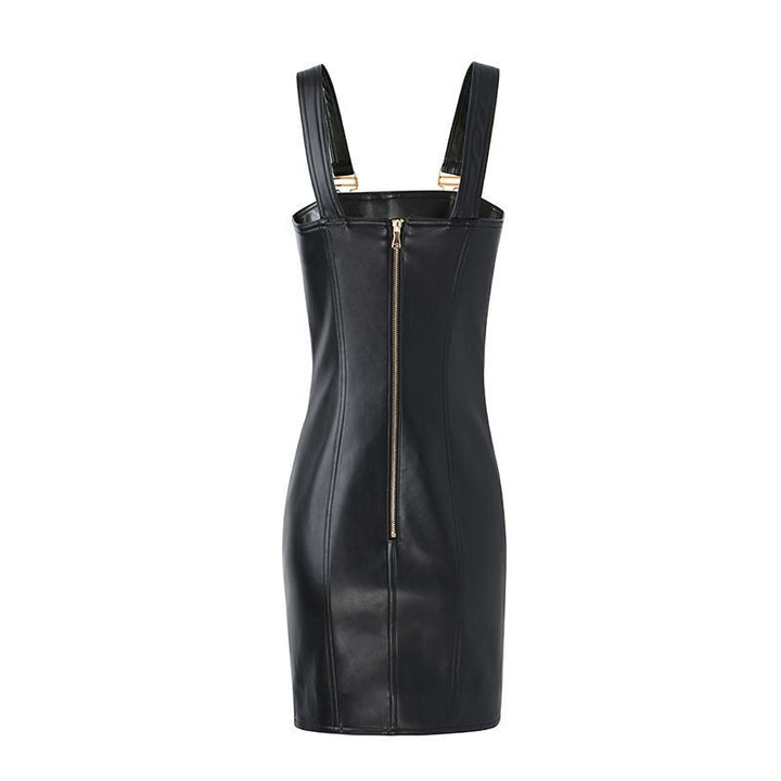 Black Leather Gold Button Jumper Dress