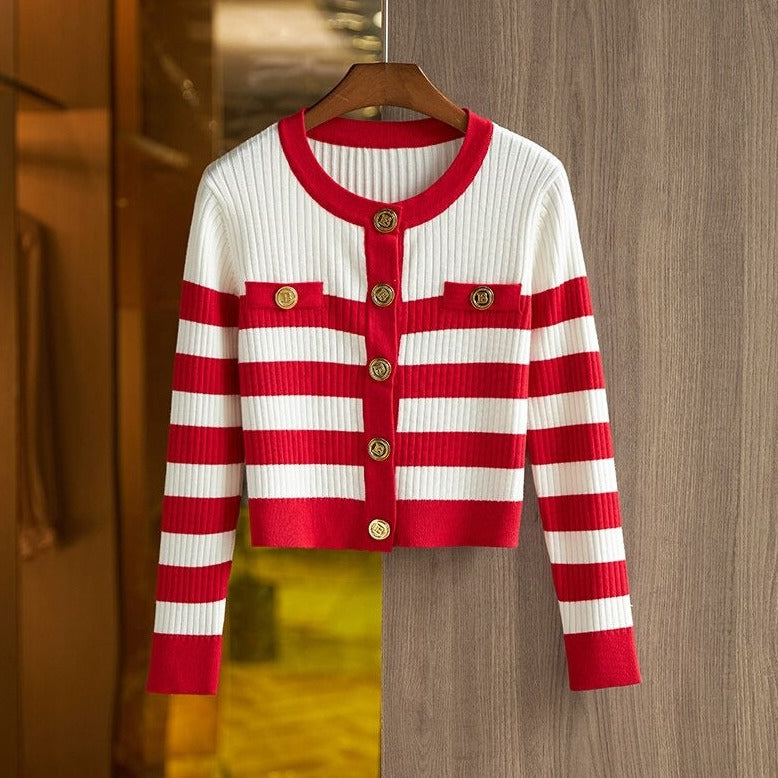 Striped Gold Button Cardigan Sweater