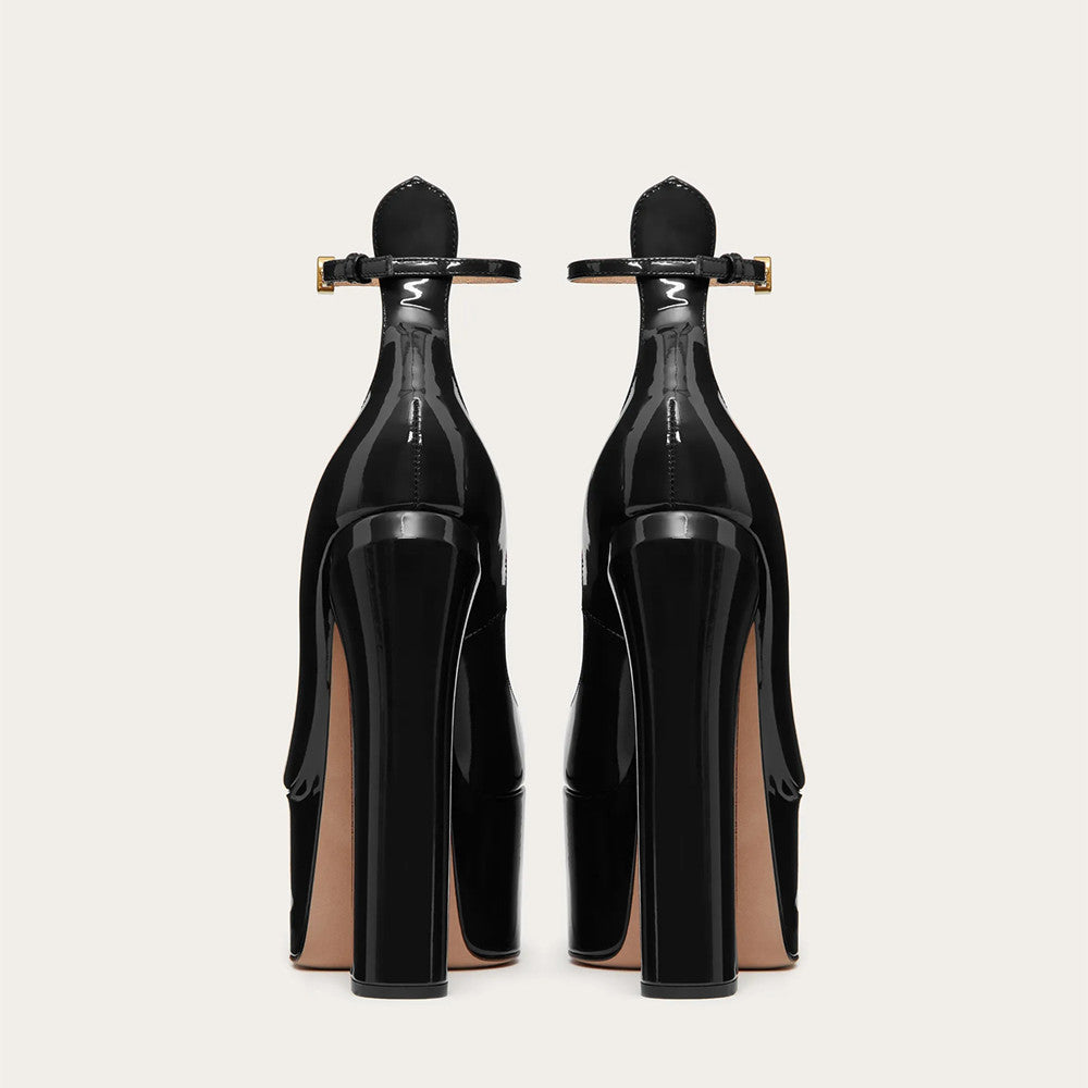 Black Patent Leather Ankle-Strap Platform Pumps