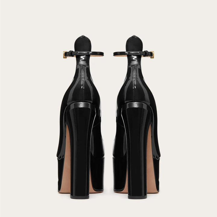 Black Patent Leather Ankle-Strap Platform Pumps
