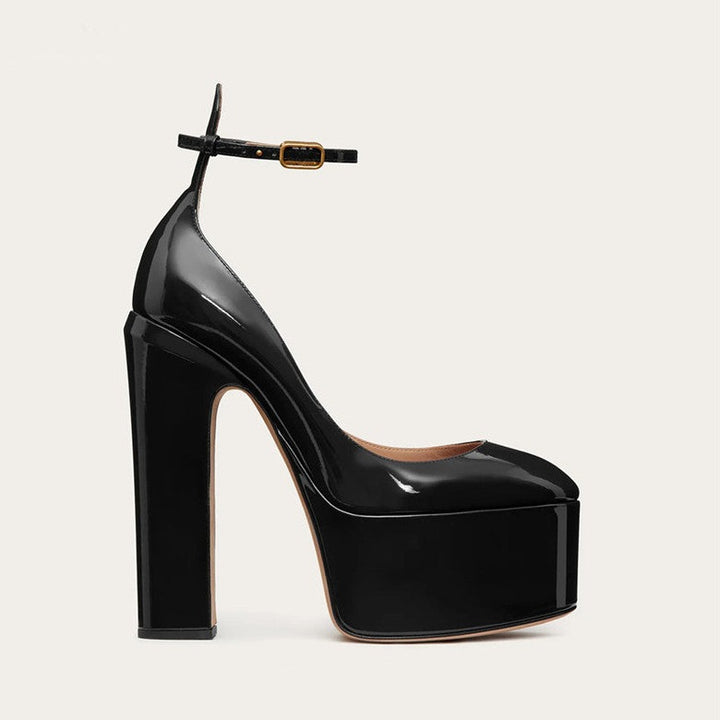 Black Patent Leather Ankle-Strap Platform Pumps