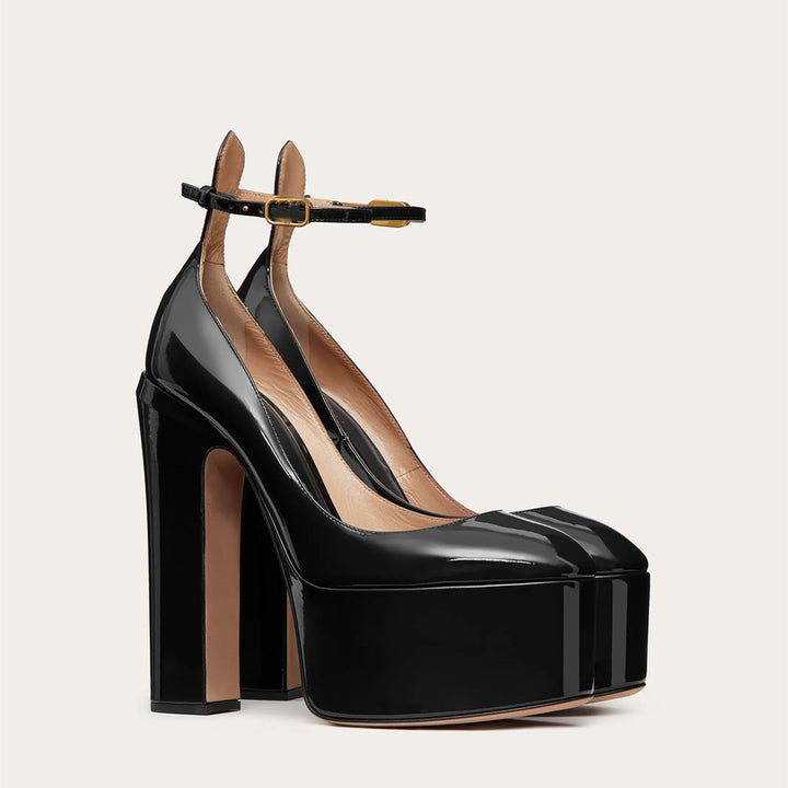 Black Patent Leather Ankle-Strap Platform Pumps