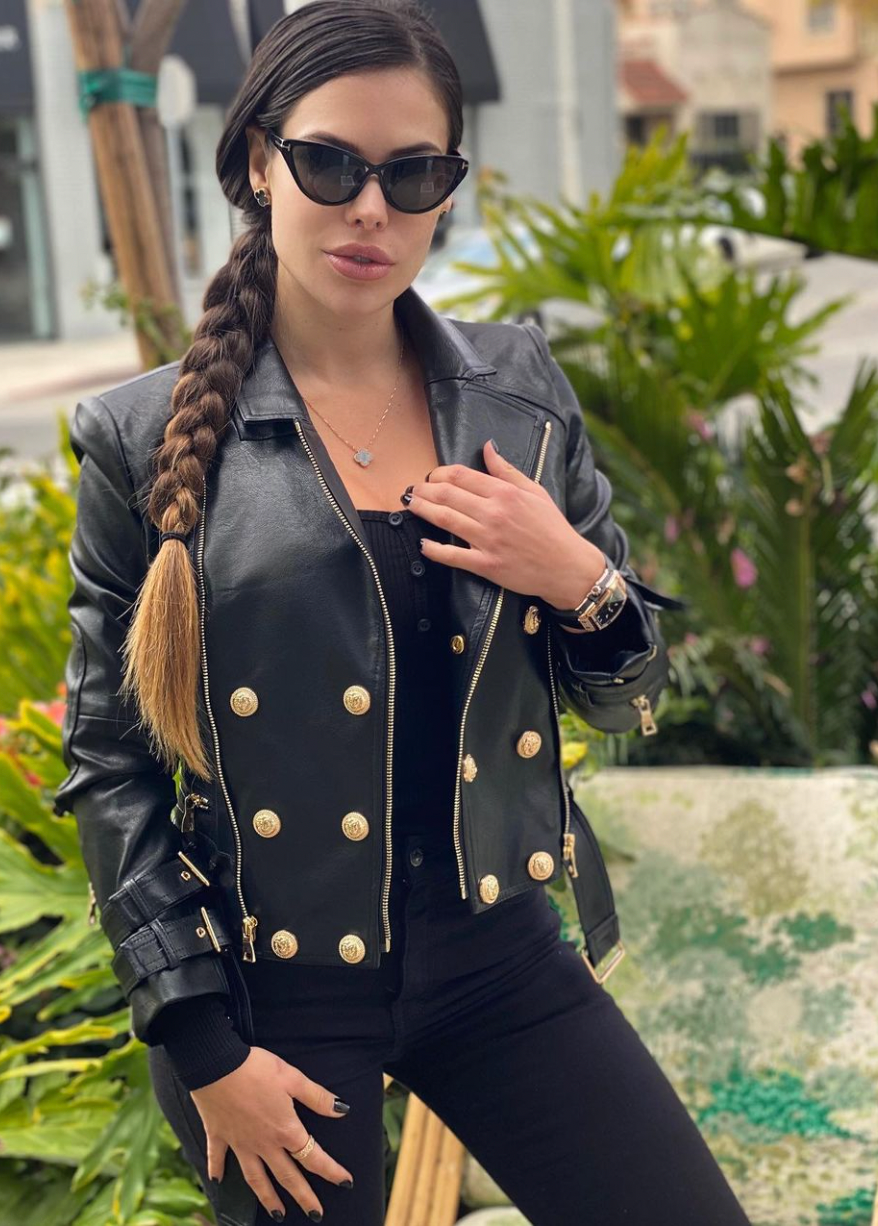 Black Leather Gold Button Biker Jacket