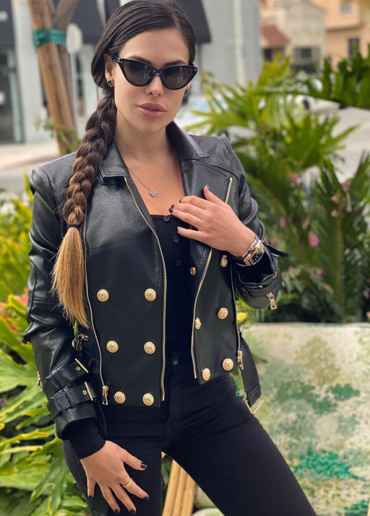 Black Leather Gold Button Biker Jacket