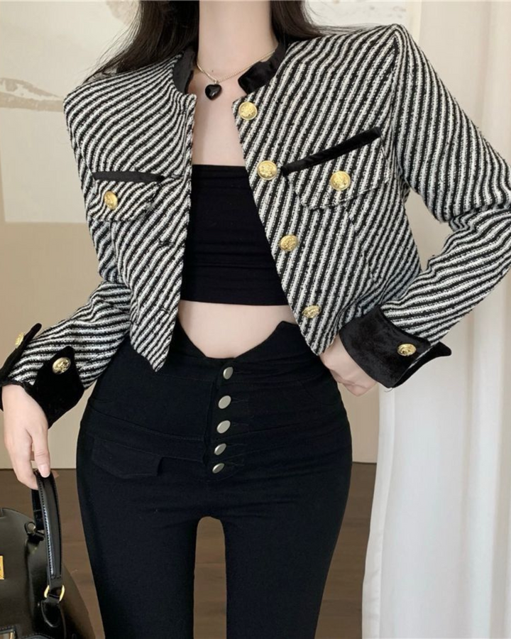 Black & White Cropped Gold Button Striped Tweed Jacket