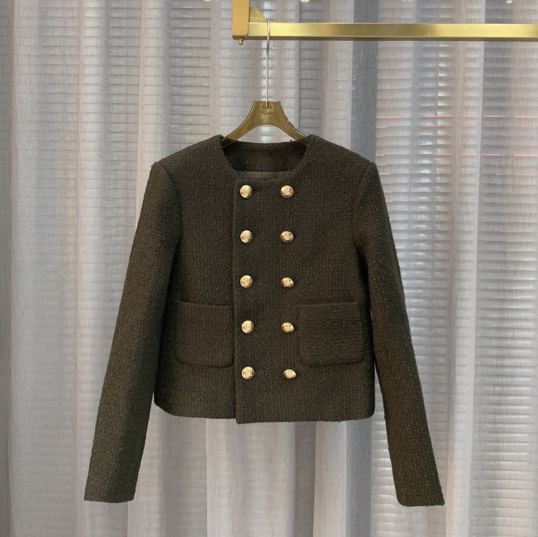 Black Tweed Gold Button Wool Jacket