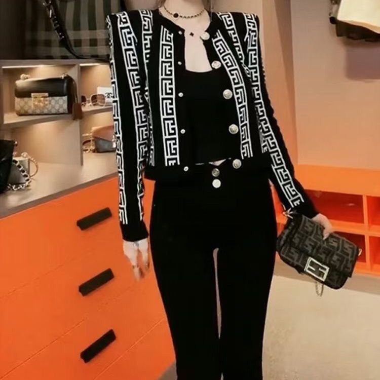 Black & White Jacquard Gold Button Sweater