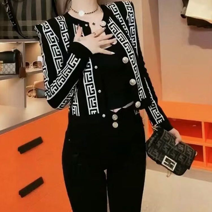 Black & White Jacquard Gold Button Sweater