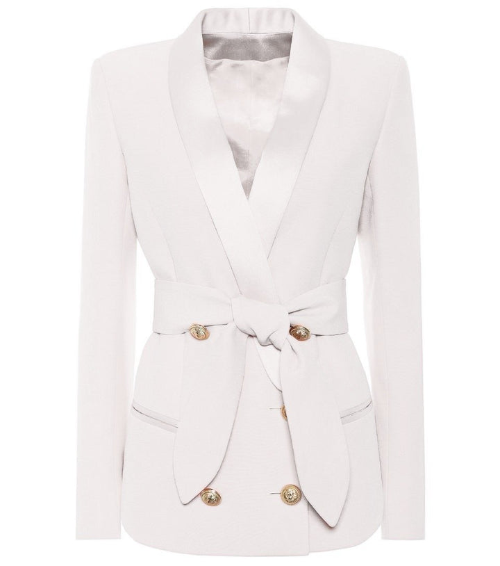 Belted Double Breasted Gold Button Blazer (Black & White)