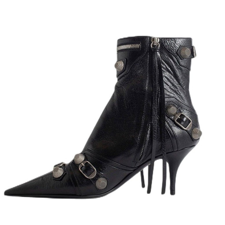 Black Leather Pointed Toe Metal Embellished Ankle Boots