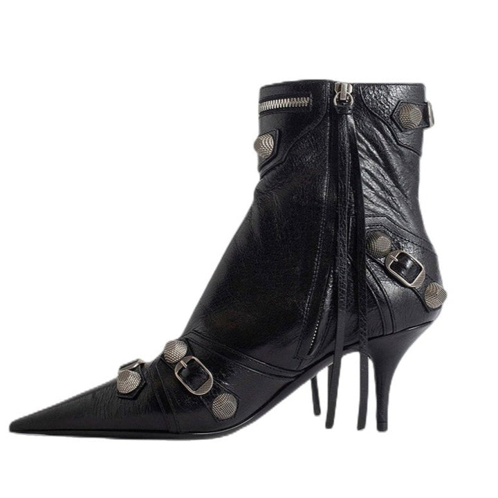 Black Leather Pointed Toe Metal Embellished Ankle Boots